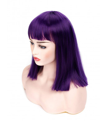 Morvally 14" Short Straight Bob Wig with Flat Bangs Natural Looking Heat Resistant Hair Cosplay Costume Daily Wigs (Dark Purple)