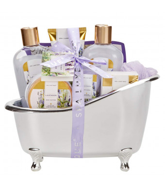 Spa Luxetique Spa Gift Basket Lavender Fragrance, Luxurious 8pc Gift Baskets for Women, Cute Bath Tub Holder - Bath Gift Set Includes Shower Gel, Bubble Bath, Bath Salts and More. Best Holiday Gift Set.