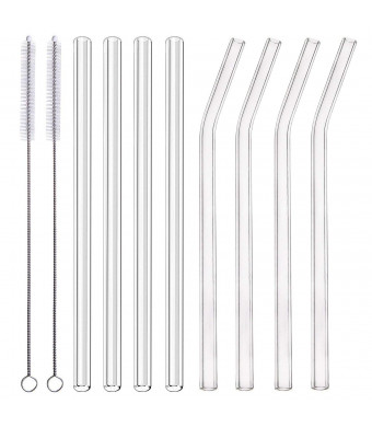 ALINK Glass Smoothie Straws, 10" x 10 mm Long Reusable Clear Drinking Straws for Smoothie, Milkshakes, Pack of 8 with 2 Cleaning Brush,