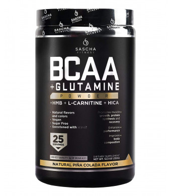 Sascha Fitness BCAA 4:1:1 + Glutamine, HMB, L-Carnitine, HICA | Powerful and Instant Powder Blend with Branched Chain Amino Acids (BCAAs) for Pre, Intra and Post-Workout (Pia Colada)