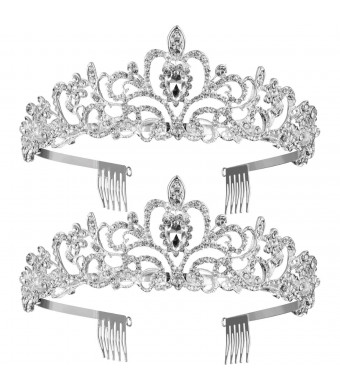 TecUnite 2 Pack Wedding Bridal Crown, Crystal Rhinestones Crown with Comb Princess Crown Headband