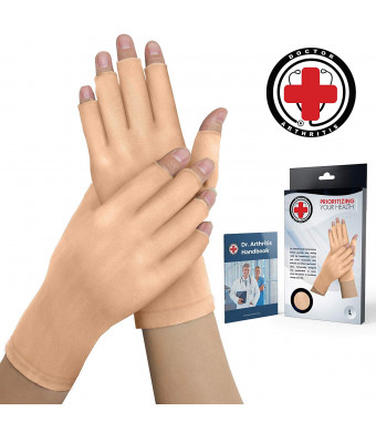 Doctor Developed Nude Arthritis Gloves/Skin Gloves and Doctor Written Handbook - Soft with Mild Compression, for Arthritis, Raynauds Disease and Carpal Tunnel (Open-fingertips, Small)