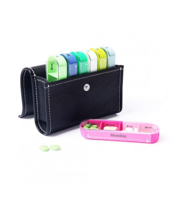 XINHOME Weekly Travel Pill Organizer Box - Prescription and Medication Reminder Pill Box, Pill Case Daily AM PM, Day Night 7 Compartments-Includes Black Leather Pouch, for 4 Times A Day, 7 Days a Week