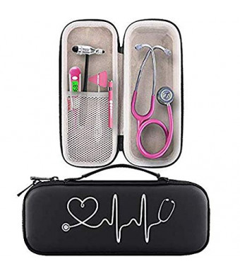 BOVKE Travel Carrying Case Compatible 3M Littmann Classic III Stethoscope - Extra Room for Taylor Percussion Reflex Hammer and Reusable LED Penlight, Black