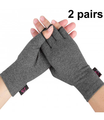 2 Pairs - Compression Arthritis Gloves for Women and Men, Fingerless Design to Relieve Pain from Rheumatoid Arthritis and Osteoarthritis (Grey, Medium)