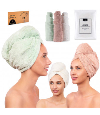 Microfiber Hair Towel for Women - Drying Twist Wrap for Curly, Long, Thin or Short Hair  Ultra Absorbent and Anti Frizz Turban for Sleeping and Showering  3 Pack (Ivory/Pink/Green)