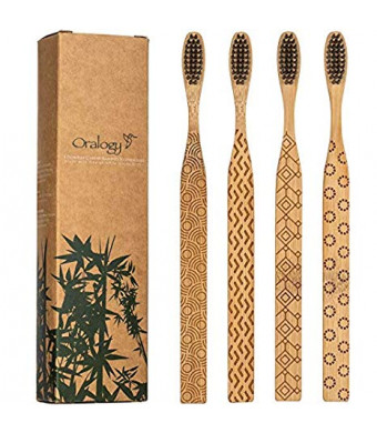 Natural Carved Bamboo Toothbrushes for Adults | Activated Charcoal Soft BPA Free Nylon Bristles for Teeth Whitening and Whitening Gums | Smooth Comfortable Biodegradable Design Handle | Pack of 4 Dental
