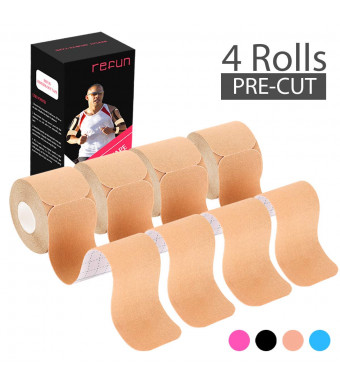 Kinesiology Tape Precut (4 Rolls pack), REFUN Elastic Therapeutic Sports Tape For Knee Shoulder and Elbow, Pain Relief, Waterproof, Latex free, 2" x 16.5 feet Per Roll, 20 Precut 10 Inch Strips