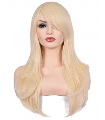 Morvally 23" Long Curly Wig Big Wave Heat Resistant Synthetic Hair with Bangs for Cosplay Costume Halloween Party (613# Light Blonde)
