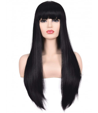 Morvally Women's 26" Long Straight Black Synthetic Resistant Hair Wigs with Bangs Natural Looking Wig for Women Halloween Cosplay