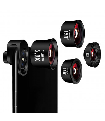Cell Phone Camera Lens, TODI 4K HD 4 in 1 Phone Lens Kit, 20X Macro Lens, 2.0X Telephoto Lens, 120Wide Angle Lens, 180Fisheye Lens Compatible iPhone,Samsung, Most Andriod Phones (No Distortion)