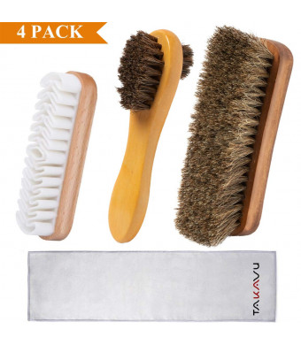 TAKAVU Horsehair Shoe Care Brush Kit (4PCS) - 100% Soft Horsehair Bristles, Polish Applicator, Crepe Suede Shoes Brush, Microfiber buffing Cloth for Shoes, Leather, Boot, Cloth, Bag