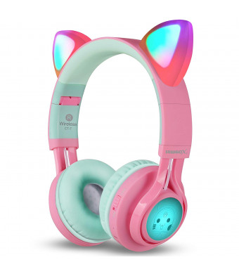 Riwbox Bluetooth Headphones, Riwbox CT-7 Cat Ear LED Light Up Wireless Foldable Headphones Over Ear with Microphone and Volume Control for iPhone/iPad/Smartphones/Laptop/PC/TV (PinkandGreen)