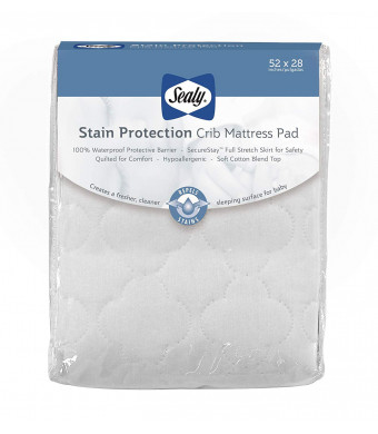 Sealy Stain Protection Waterproof Fitted Crib/Toddler Mattress Pad Cover Protector -100% Waterproof Layer, Hypoallergenic, Deep Fitted Skirt, Machine Washable and Dryer Friendly 52x28 (White)