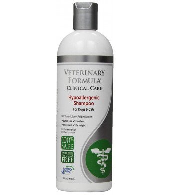 Veterinary Formula Clinical Care Hypoallergenic Shampoo for Dogs and Cats  No Harsh Ingredients  Great for Pets with Allergies and Sensitive Skin  Promotes Healthy Skin and Coat (16oz)