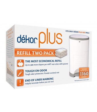 Dekor Plus Diaper Pail Refills | Most Economical Refill System | Quick and Easy to Replace | No Preset Bag Size  Use Only What You Need | Exclusive End-of-Liner Marking | Baby Powder Scent | 2 Count