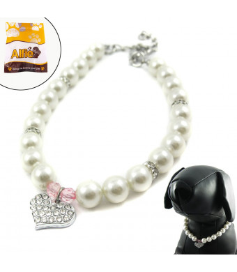 Alfie Couture Designer Pet Jewelry - Pinky Crystal Heart Pearl Necklace for Dogs and Cats