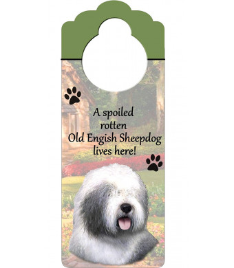 Old English Sheepdog Wood Sign "A Spoiled Rotten Old English Sheepdog Lives Here"with Artistic Photograph Measuring 10 by 4 Inches Can Be Hung On Doorknobs Or Anywhere In Home