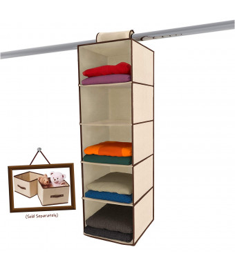 Ziz Home Hanging Closet Organizer | 5 Shelf Beige | Closet Hanging Organizer | Closet Organizer Hanging Shelves | Sweater Hanging Organizer | Hanging Clothes Storage Box Hanging Shelf Closet Organizer