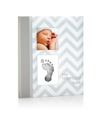 Pearhead First 5 Years Chevron Baby Memory Book with Clean-Touch Baby Safe Ink Pad to Make Baby's Hand or Footprint Included, Gray