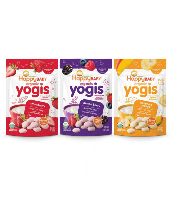 Happy Baby Organic Yogis Freeze-Dried Yogurt and Fruit Snacks, 1 Ounce Bags (3 Count Variety Pack) Mixed Berry, Banana Mango, Strawberry, Gluten-Free Easy to Chew Probiotic Snacks for Babies and Tots
