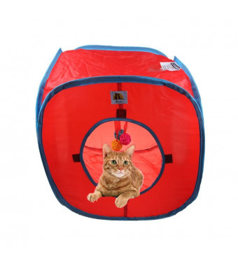 Flexible Pop Out Cat Kitty Play Cube Expandable Play Tunnel Cat Toys,with 4 Balls, Red