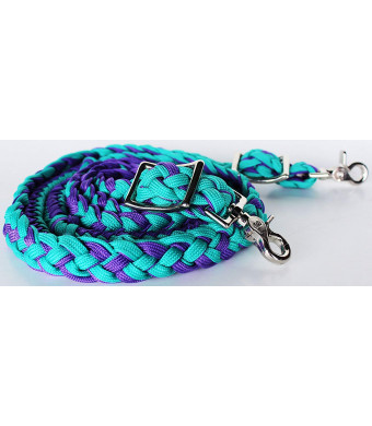 PRORIDER Horse Knotted Roping Western Barrel Reins Nylon Braided Rein Turquoise 607129