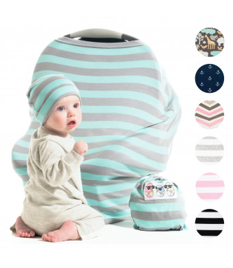Cool Beans Stretchy Baby Car Seat Canopy and Nursing Cover | Multiuse - Soft and stretchy fabric easily covers Carseat, High Chairs, Shopping Carts | BONUS Infant Baby Beanie and Bag (Blue and Grey)