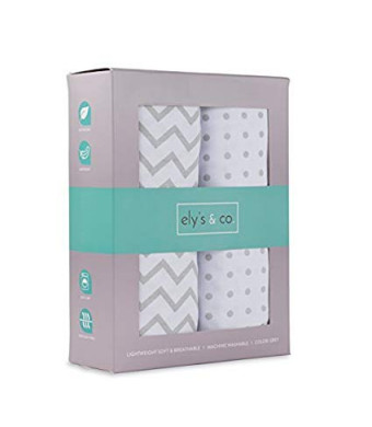 Pack N Play Portable Crib Sheet Set 100% Jersey Cotton Unisex for Baby Girl and Baby Boy by Ely's and Co. (Grey Chevron and Polka Dot)