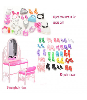 Buytra 40 Pieces Jewelry Necklace Earring Shoes Crown Accessories 1 Set Dressing Table Chair 20 Pairs Shoes for Barbie Dolls