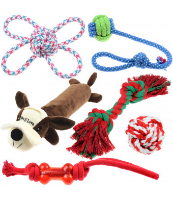 Well Love Dog Toys - Chew Toys - 100% Natural Cotton Rope - Squeak Toys - Dog Balls - Dog Bones - Plush Dog Toy - Dog Ropes - Tug of War Ball - Toys for Dog 6pack Gift Set