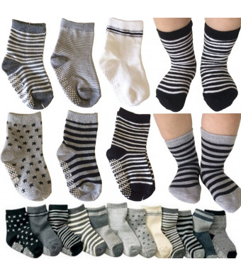Kakalu 6 Pairs Assorted Non Skid Ankle Cotton Socks Baby Walker Boys Girls Toddler Anti Slip Stretch Knit Stripes Star Footsocks Sneakers Crew Socks with Grip for 16-36 Months Baby