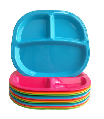 3-Compartment Divided Plastic Kids Tray | set of 12 in 4 Assorted Colors