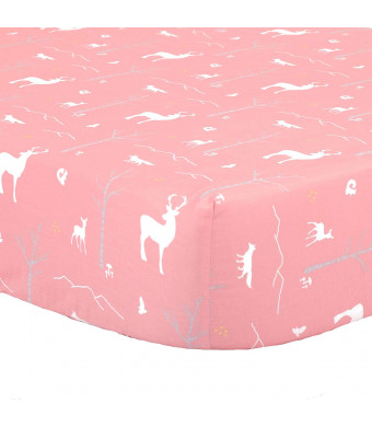 Coral Pink Woodland Print Fitted Crib Sheet - 100% Cotton Forest Animal Theme Baby Girl Nursery and Toddler Bedding