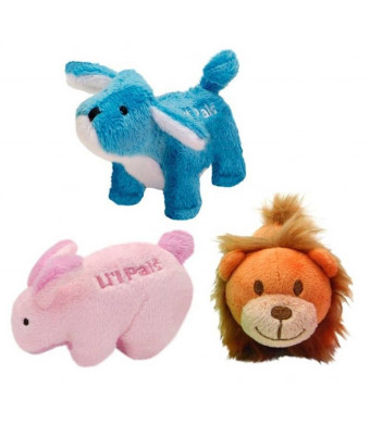 Li'l Pals Interactive Plush Small Size Squeaker Toy 3 Shape Variety Bundle: (1) Pink Bunny, (1) Tawny Lion, and (1) Blue Puppy