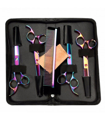 StarForest 7" Professional Pet Dog Cat Puppy Grooming Scissors Set Cutting Curved Thinning Shears Comb Trimmer Hair Cutting Tool, Rainbow Color