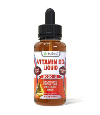 BioGanix Vitamin D3 5000 IU Liquid Supplement (120 Servings) Pure High Potency Vitamin D Drops Supplement Is 100% Natural, Sourced from Lichen, Non-GMO and Vegan To Help For Vit D3 Deficiency