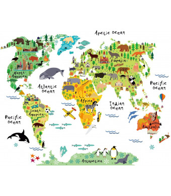 HomeEvolution Large Kids Educational Animal Landmarks World Map Peel and Stick Wall Decals Stickers Home Decor Art for Nursery