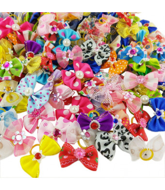 Hixixi 50pcs/Pack Pet Cat Dog Hair Bows Multicolor Rhinestone Beads Flowers Topknot with Rubber Bands Puppy Hair Accessories Mix Color Random