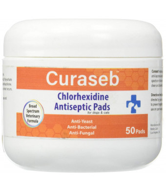 Curaseb | Chlorhexidine Wipes  50 Antiseptic Pads w/ Aloe for Dogs and Cats - Antifungal and Antibacterial - Cleans Face, Ears and Body, Effective Against Pyoderma, Acne and Hot Spots, Made in USA, 50 Count
