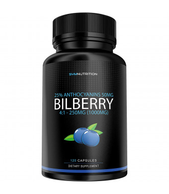 Bilberry Extract 1000mg, 25% Anthocyanins 50mg - 120 Count | European Blueberry | Taken for its Ability to Support Healthy Vision, Memory and Cognition | V-Capsules