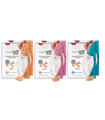 Purely Fancy Feast Natural Cat Treat Variety Pack, 3 Flavors (Chicken, Salmon, and Tuna), 6 Total Pouches