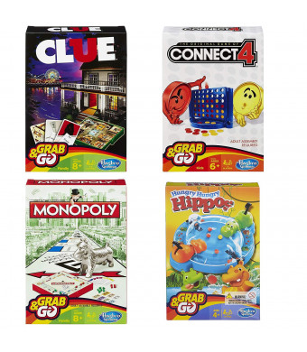 Hasbro Family Grab and Go Variety Pack Bundle Clue, Monopoly, Connect 4, and Hungry Hungry Hippo Board Games