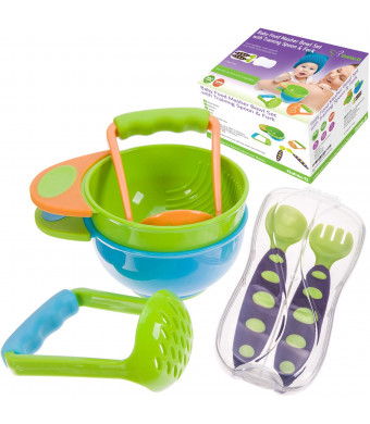 BabieB Mash and Serve Bowl Set to Make Homemade Baby Food w/toddler spoon fork utensil w/travel case included