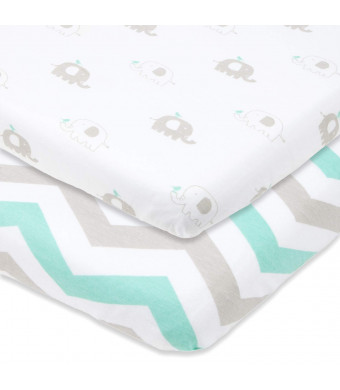 Pack n Play Sheets by Cuddly Cubs | 2 Pack Playard Fitted Sheet for Baby Girl and Boy | 100% Jersey Cotton Unisex Mini Portable Crib Sheets | Elephant + Chevron in Mint Grey | Fits Graco, Chicco,