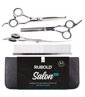 RUBOLD Professional Dog Grooming Scissors Set - Stainless Steel Rounded Tip Sharp Durable Shears with Pet Grooming Comb in Kit - Best Tools for Trimming Every Dog and Cat Salon Cut