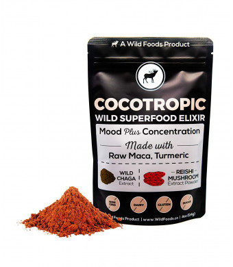 Wild Cocotropic Raw Cacao Drink Elixir with Reishi, Chaga, Raw Maca, Turmeric | Nootropic Hot Cocoa Beverage, Add to Smoothies, Shakes, Coffee (4 ounce)