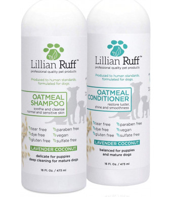 Lillian Ruff Dog Oatmeal Shampoo and Conditioner Set - Lavender Coconut Scent for Itchy Dry Skin with Aloe- Deodorize and Soothe - Gentle Cleanser for Normal to Sensitive Skin (16oz.)