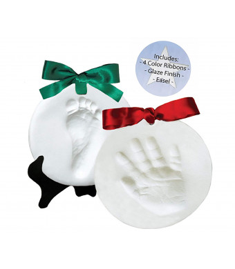 Proud Baby DELUXE Clay Hand Print and Footprint Keepsake Kit - 4 RIBBONS - EASEL - GLAZE FINISH - Dries Stone Hard - No Bake - Air Drying (Makes 2 Plaques)