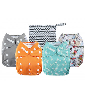 Anmababy 4 Pack Adjustable Size Waterproof Washable Pocket Cloth Diapers with 4 Inserts and Wet Bag